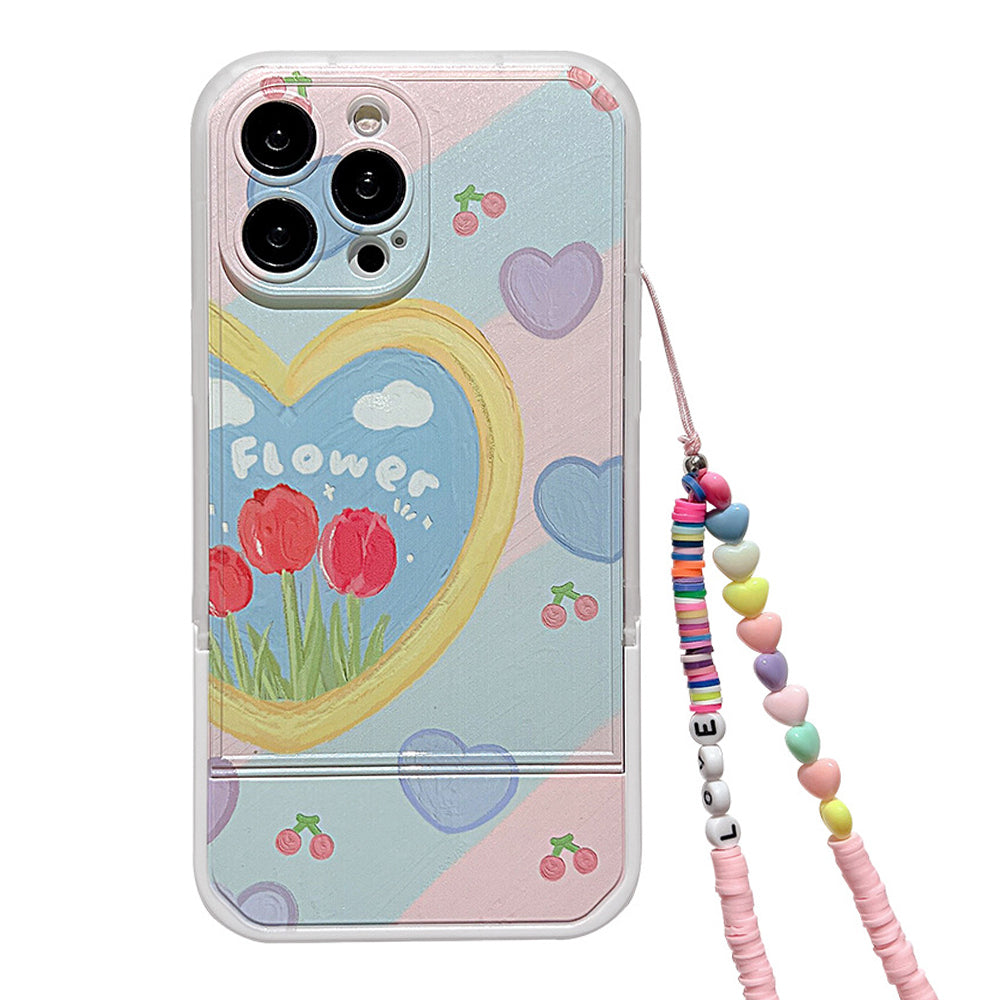 Phone Case for iPhone 13 Pro Max Heart Pattern Kickstand Design Oil Painting TPU Cover with Wrist Strap