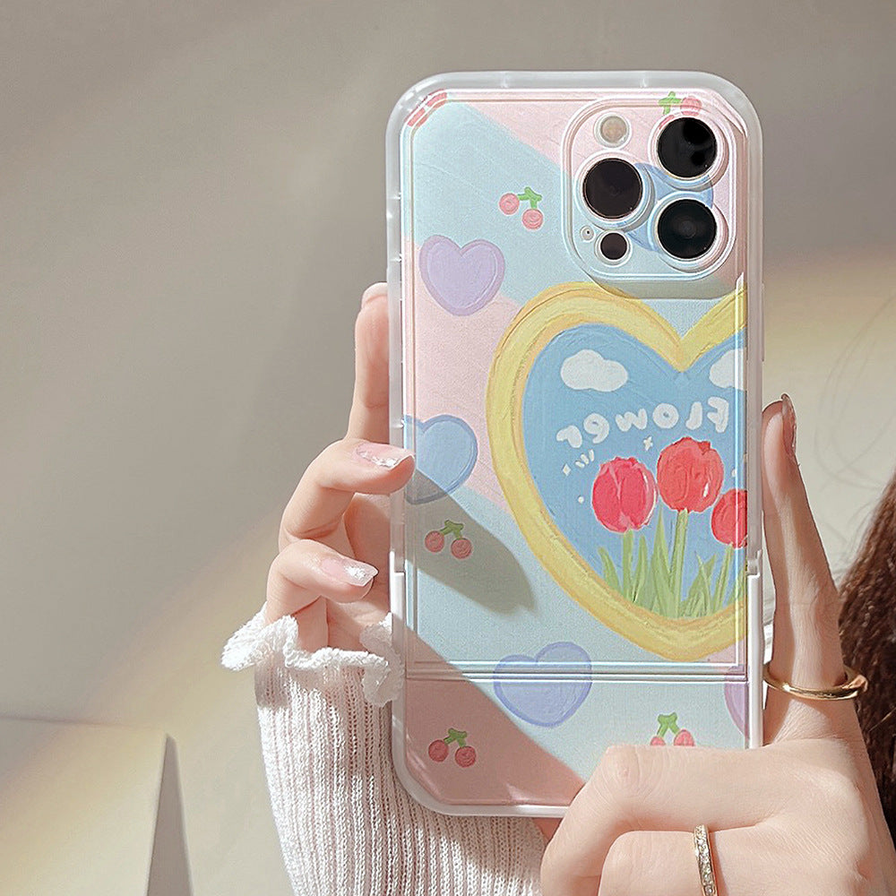 Phone Case for iPhone 13 Pro Max Heart Pattern Kickstand Design Oil Painting TPU Cover with Wrist Strap