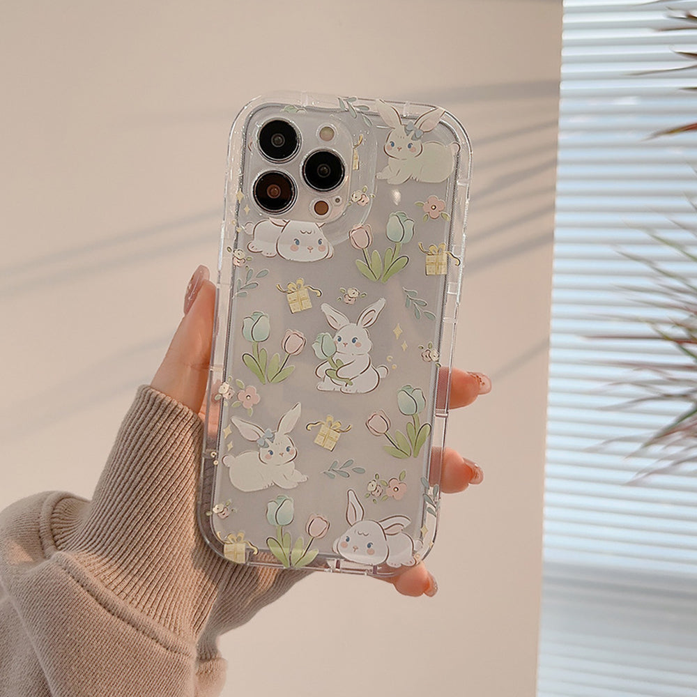 For iPhone 14 Pro Max Cartoon Rabbit Flower Pattern Drop-proof TPU Cover Clear Phone Case