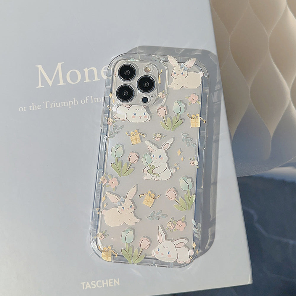 For iPhone 14 Pro Max Cartoon Rabbit Flower Pattern Drop-proof TPU Cover Clear Phone Case