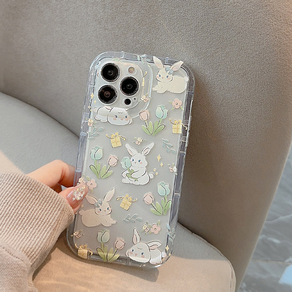 For iPhone 14 Pro Max Cartoon Rabbit Flower Pattern Drop-proof TPU Cover Clear Phone Case