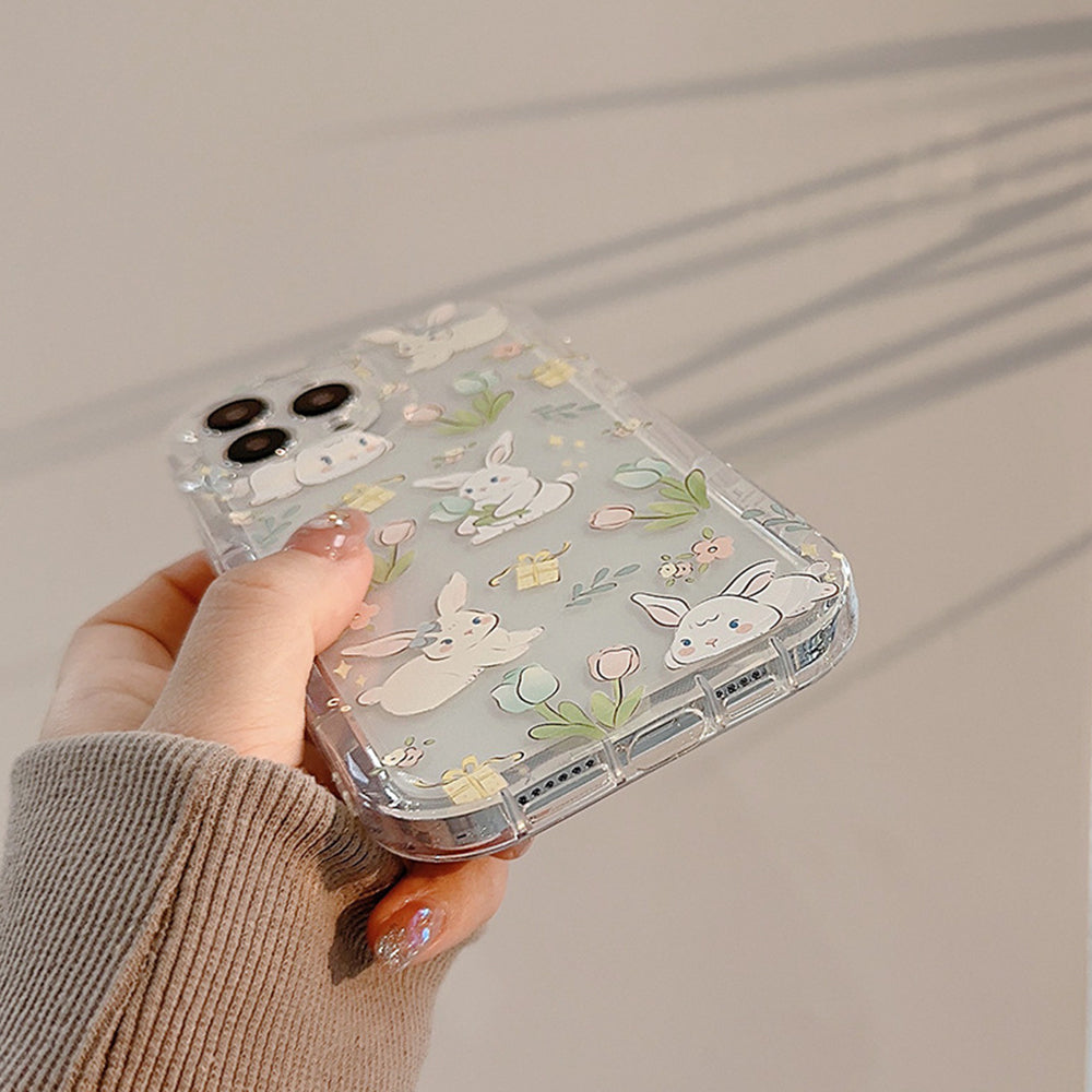 For iPhone 14 Pro Max Cartoon Rabbit Flower Pattern Drop-proof TPU Cover Clear Phone Case