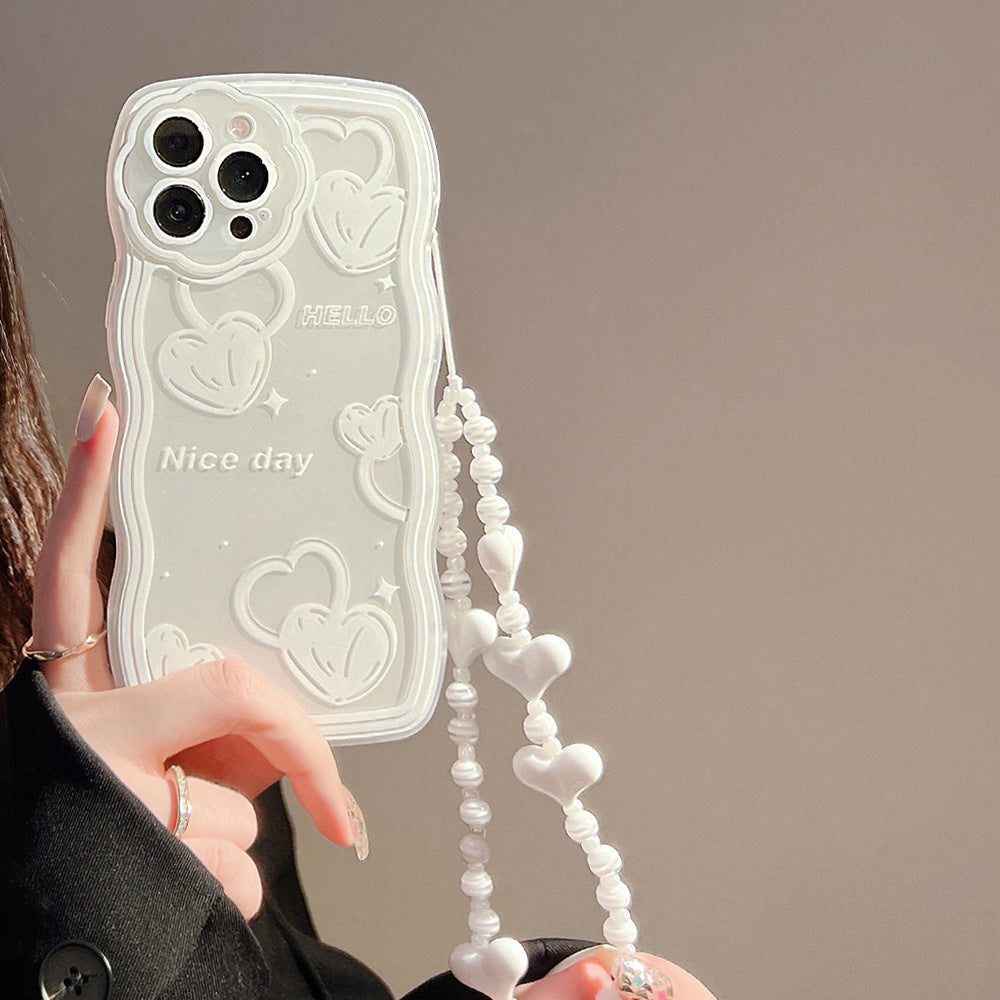 For iPhone 13 Pro Max 6.7 inch Wavy Edge TPU Shell Clear Cover Heart Pattern Cell Phone Case with Wrist Strap