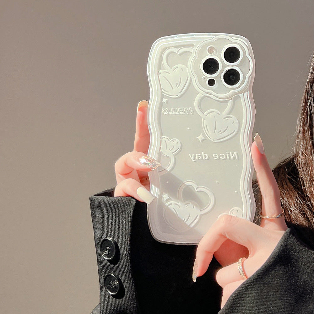 For iPhone 13 Pro Max 6.7 inch Wavy Edge TPU Shell Clear Cover Heart Pattern Cell Phone Case with Wrist Strap