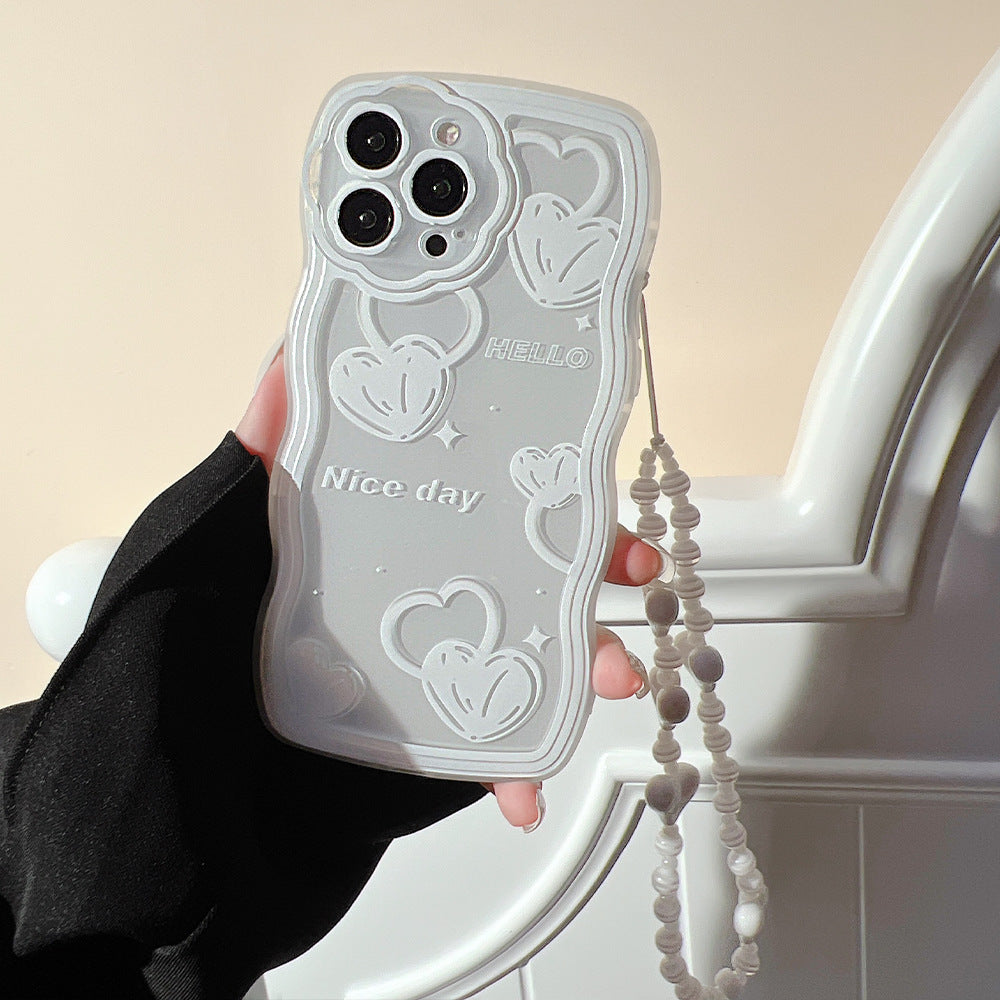 For iPhone 13 Pro Max 6.7 inch Wavy Edge TPU Shell Clear Cover Heart Pattern Cell Phone Case with Wrist Strap