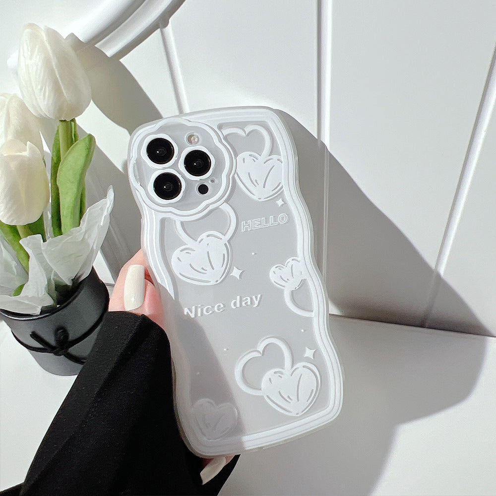 For iPhone 13 Pro Max 6.7 inch Wavy Edge TPU Shell Clear Cover Heart Pattern Cell Phone Case with Wrist Strap