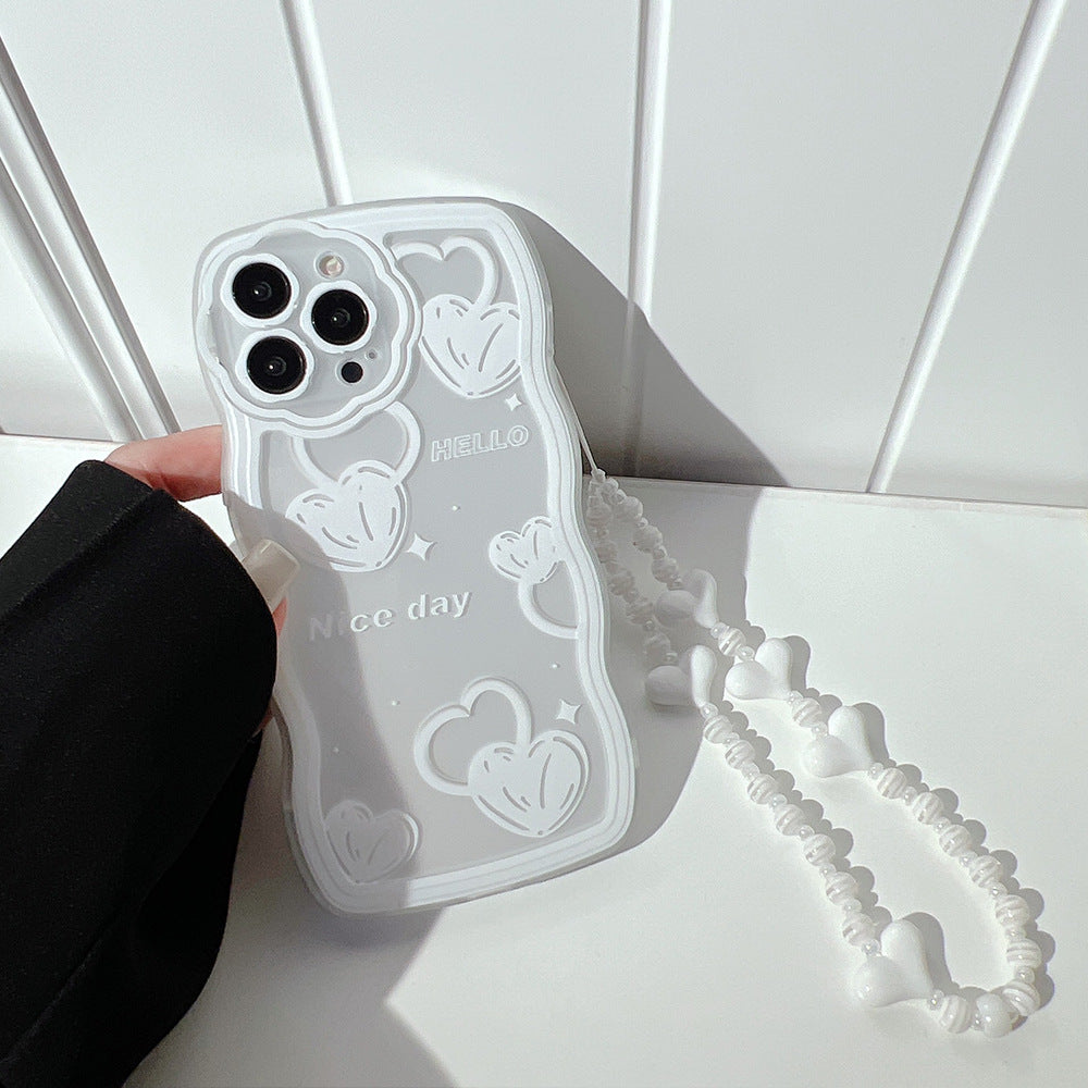 For iPhone 13 Pro Max 6.7 inch Wavy Edge TPU Shell Clear Cover Heart Pattern Cell Phone Case with Wrist Strap
