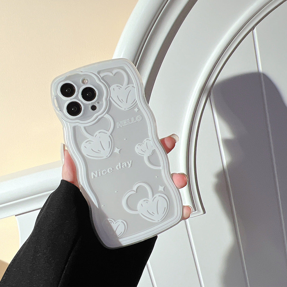 For iPhone 13 Pro Max 6.7 inch Wavy Edge TPU Shell Clear Cover Heart Pattern Cell Phone Case with Wrist Strap