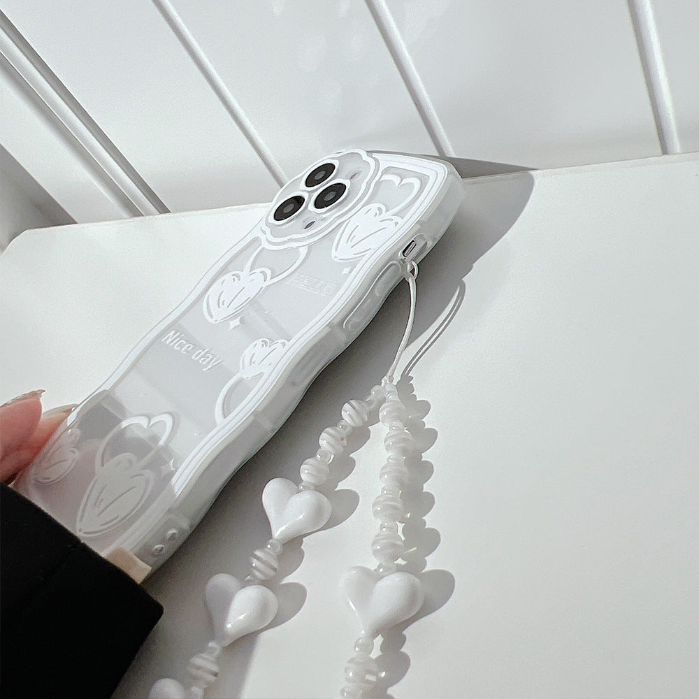 For iPhone 13 Pro Max 6.7 inch Wavy Edge TPU Shell Clear Cover Heart Pattern Cell Phone Case with Wrist Strap