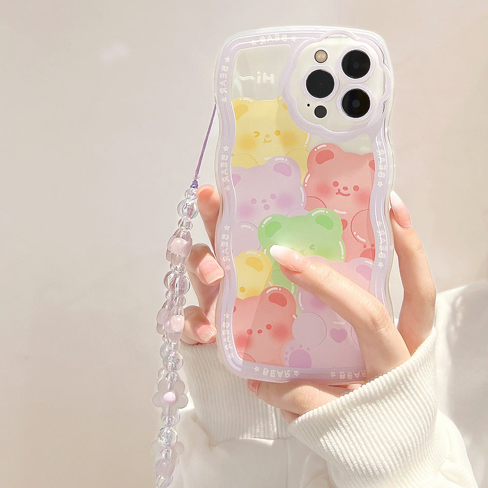 For iPhone 14 Pro Max Mobile Phone Case Clear TPU Cover with Bear Pattern and Purple Flower Wrist Strap