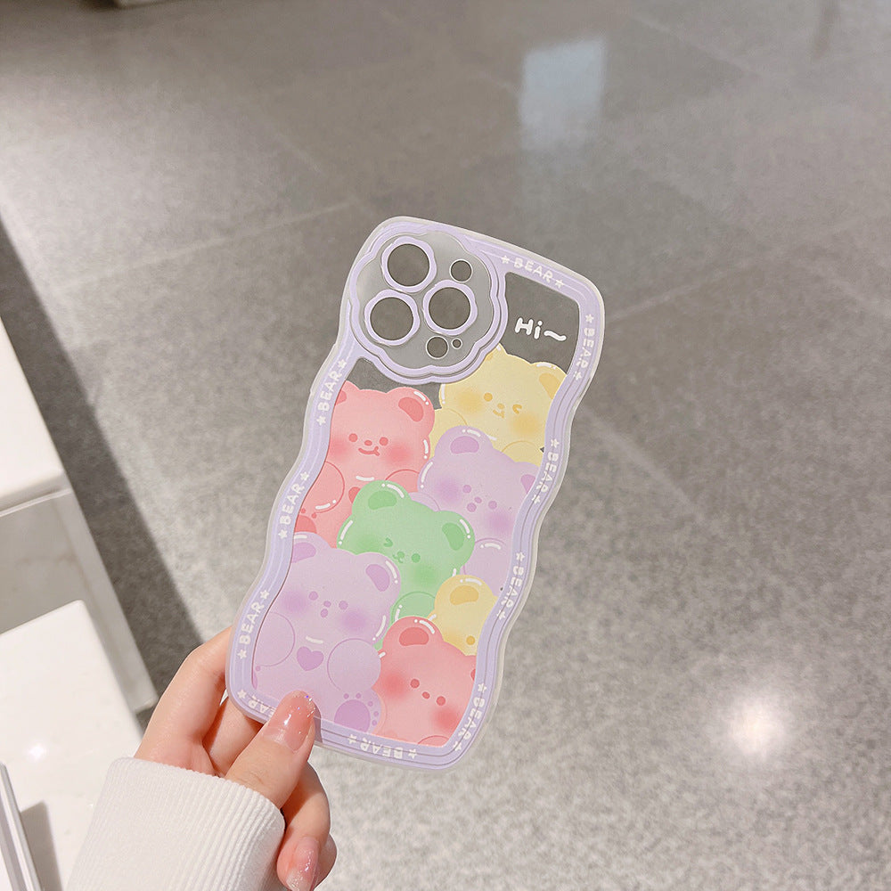For iPhone 14 Pro Max Mobile Phone Case Clear TPU Cover with Bear Pattern and Purple Flower Wrist Strap