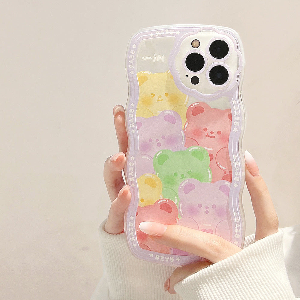 For iPhone 14 Pro Max Mobile Phone Case Clear TPU Cover with Bear Pattern and Purple Flower Wrist Strap