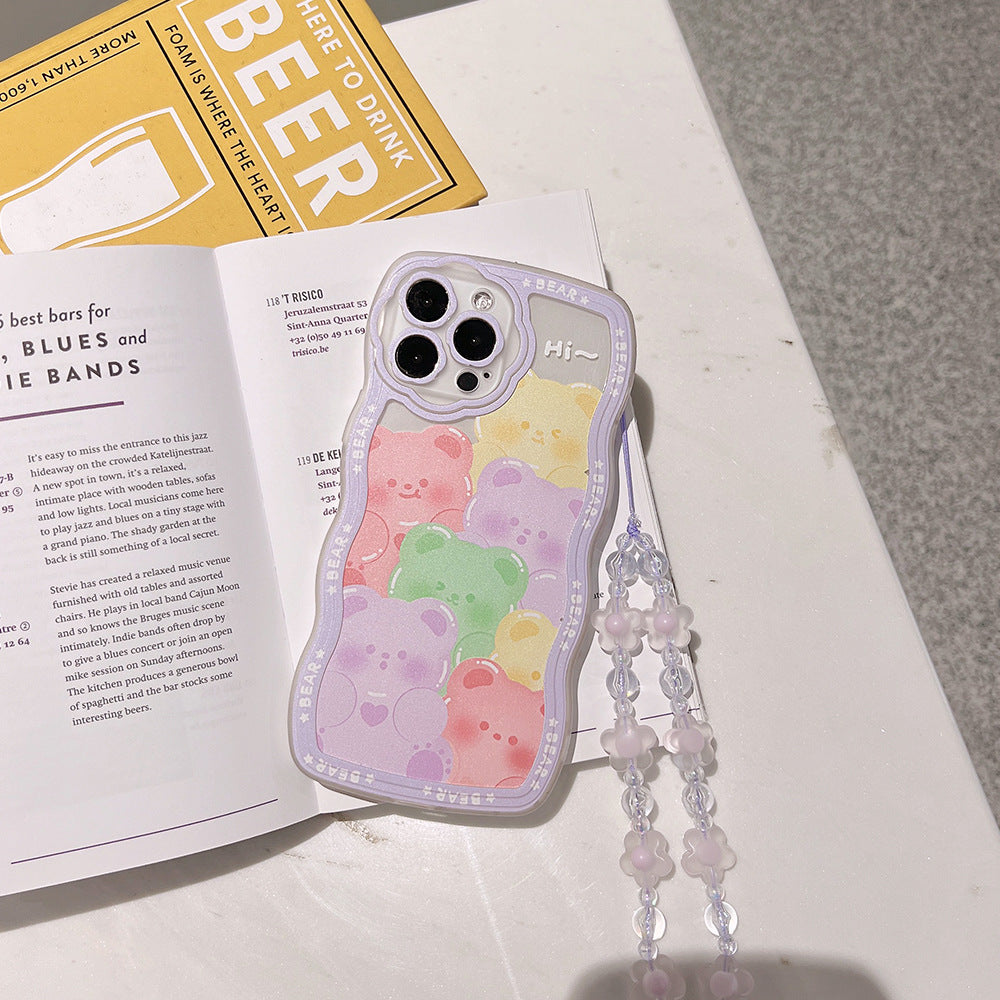 For iPhone 14 Pro Max Mobile Phone Case Clear TPU Cover with Bear Pattern and Purple Flower Wrist Strap