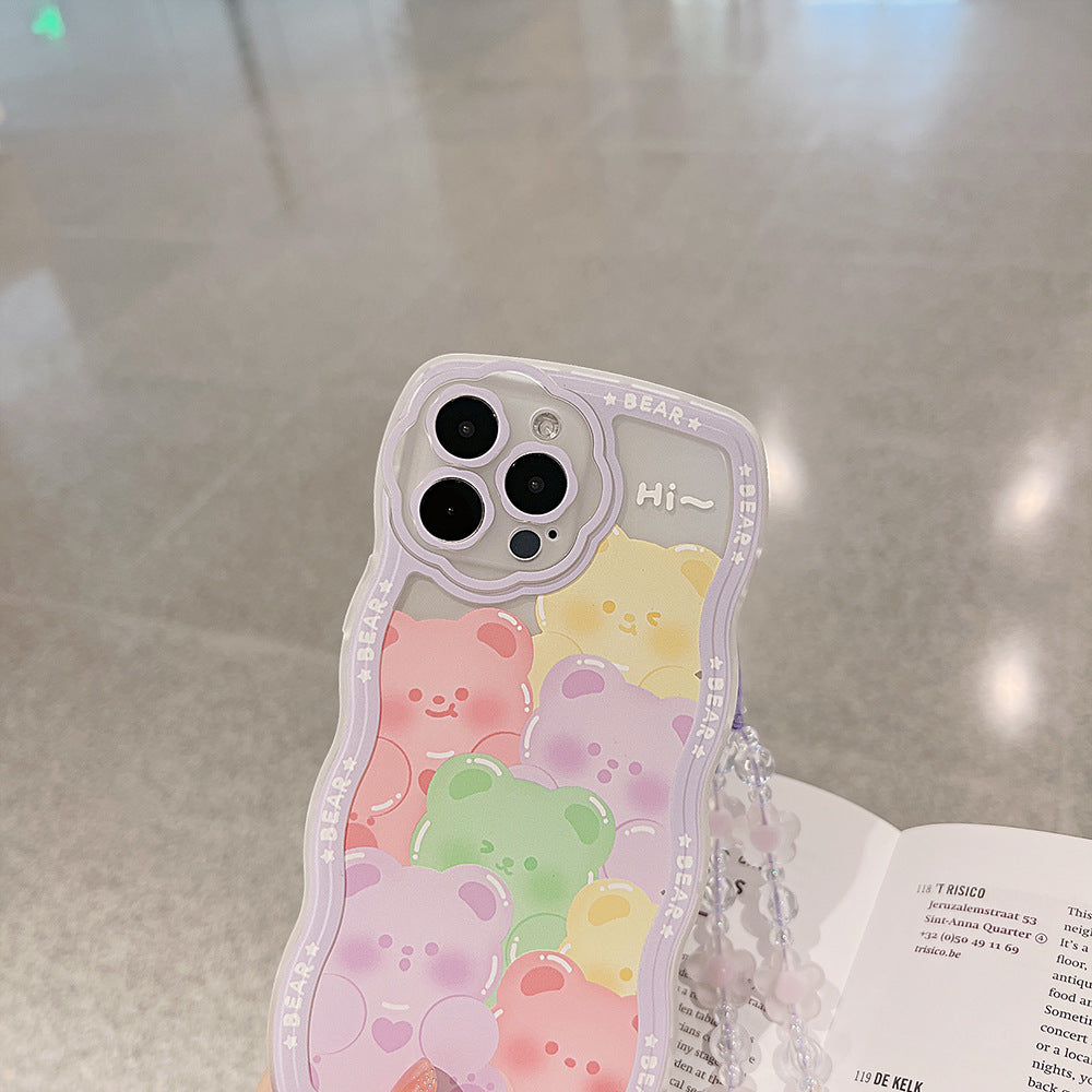 For iPhone 14 Pro Max Mobile Phone Case Clear TPU Cover with Bear Pattern and Purple Flower Wrist Strap