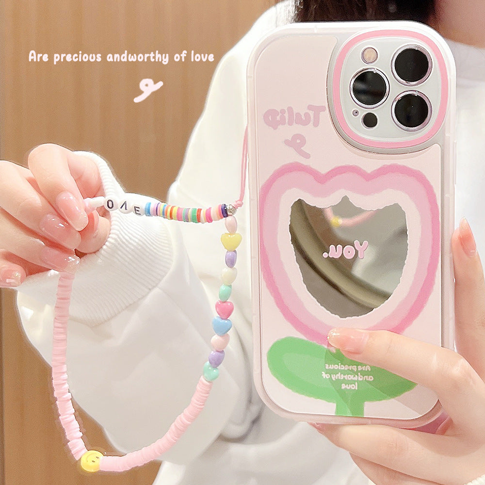 For iPhone 13 Pro Max Gradient Pink Flower Pattern TPU Mobile Phone Case Shockproof Cover with Wrist Strap