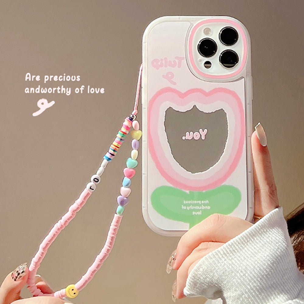 For iPhone 13 Pro Max Gradient Pink Flower Pattern TPU Mobile Phone Case Shockproof Cover with Wrist Strap