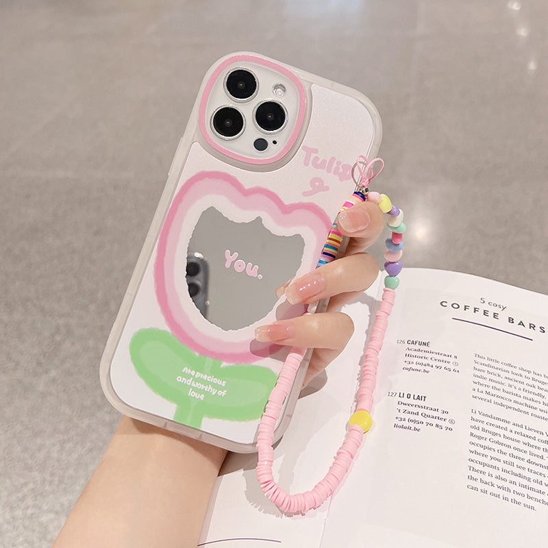 For iPhone 13 Pro Max Gradient Pink Flower Pattern TPU Mobile Phone Case Shockproof Cover with Wrist Strap