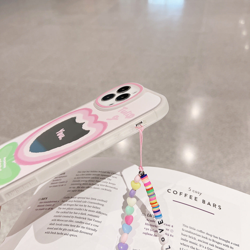 TPU Phone Case for iPhone 14 Pro Max Gradient Pink Flower Pattern Shell Phone Cover with Wrist Strap