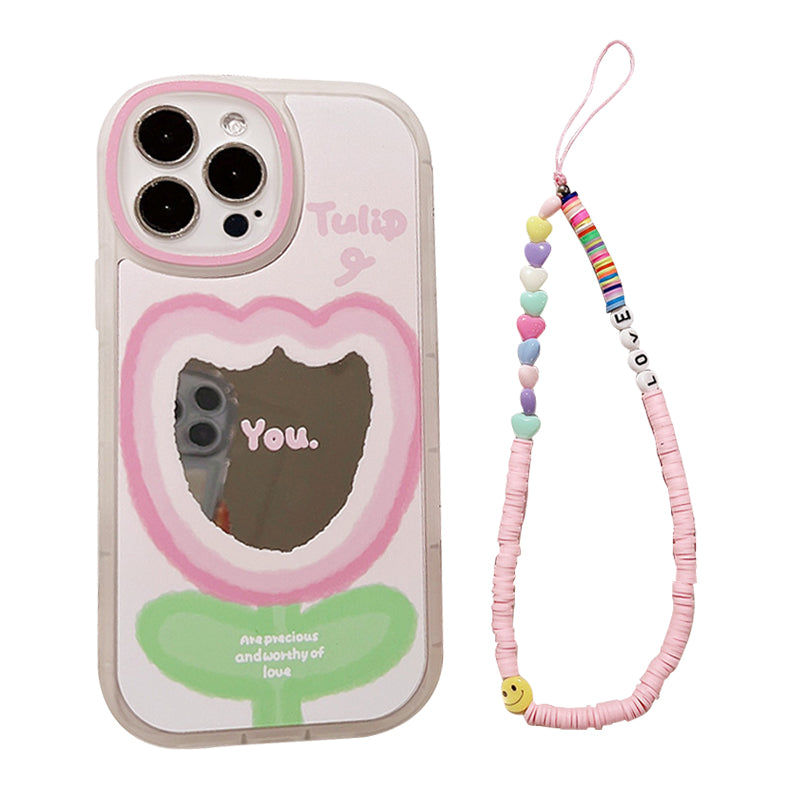 For iPhone 14 Pro Gradient Pink Flower Pattern Cell Phone Cover Flexible TPU Phone Case Shell with Wrist Strap
