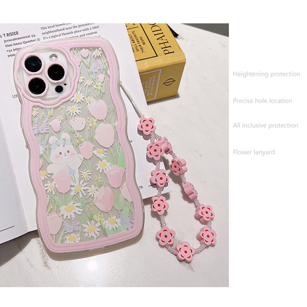 For iPhone 12 Pro Max Rabbit Flower Pattern Phone Case Transparent TPU Back Cover with Wrist Chain