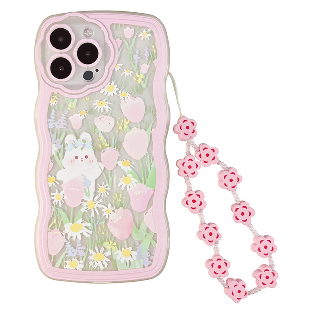 Transparent Phone Case for iPhone 14 Pro Rabbit Flower Pattern TPU Cover with Wrist Chain