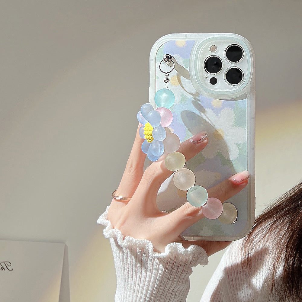 For iPhone 13 Pro Slim-Fit TPU Mobile Phone Case Flower Pattern Decor Phone Cover with Bead Chain
