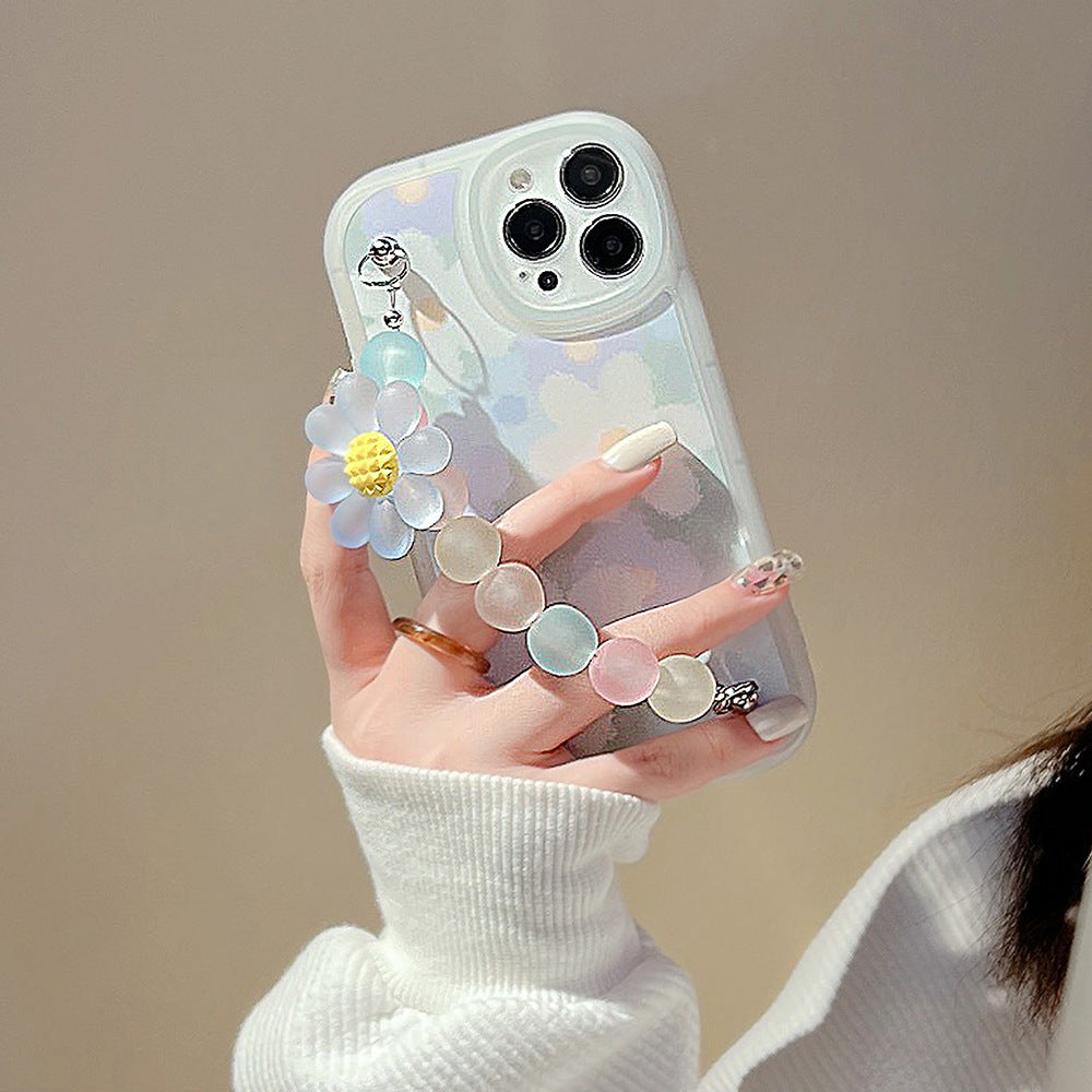 For iPhone 13 Pro Slim-Fit TPU Mobile Phone Case Flower Pattern Decor Phone Cover with Bead Chain