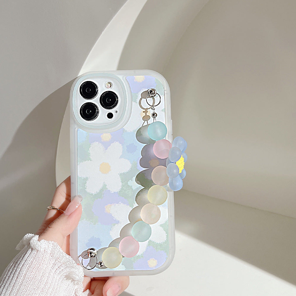 For iPhone 13 Pro Slim-Fit TPU Mobile Phone Case Flower Pattern Decor Phone Cover with Bead Chain