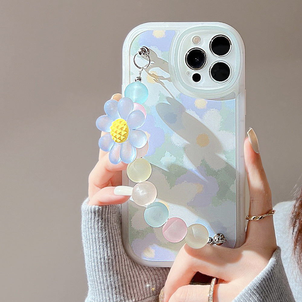 For iPhone 13 Pro Slim-Fit TPU Mobile Phone Case Flower Pattern Decor Phone Cover with Bead Chain