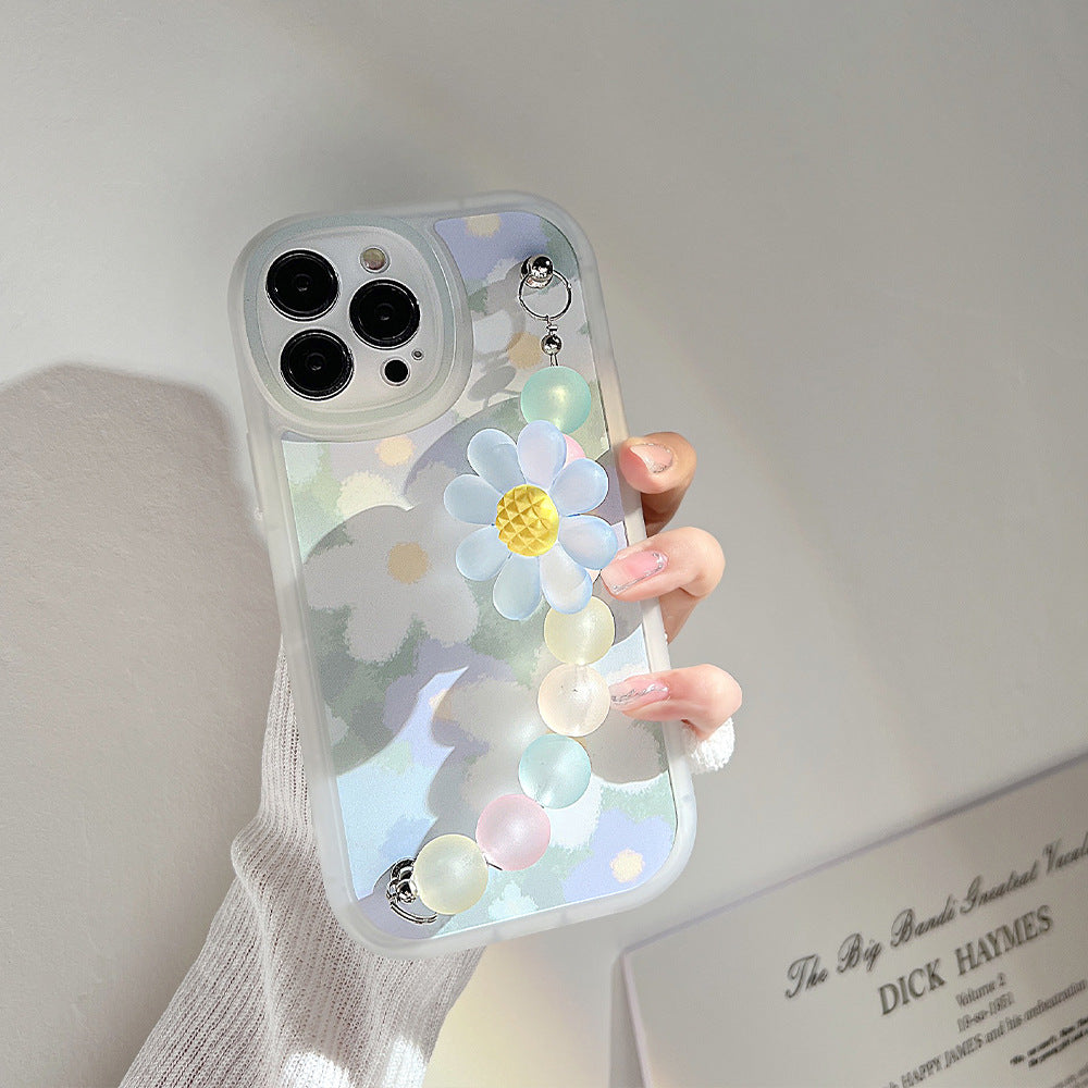 For iPhone 13 Pro Slim-Fit TPU Mobile Phone Case Flower Pattern Decor Phone Cover with Bead Chain