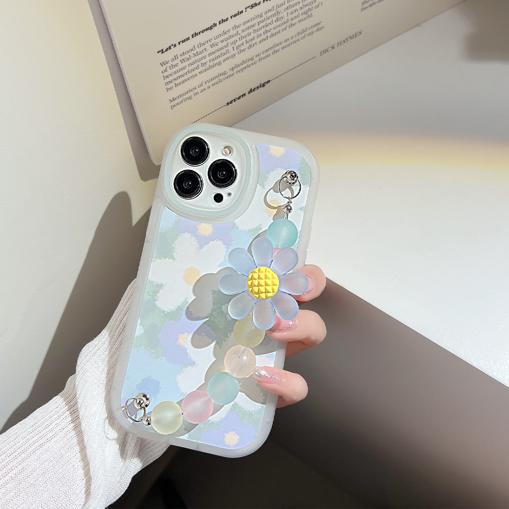 For iPhone 13 Pro Slim-Fit TPU Mobile Phone Case Flower Pattern Decor Phone Cover with Bead Chain