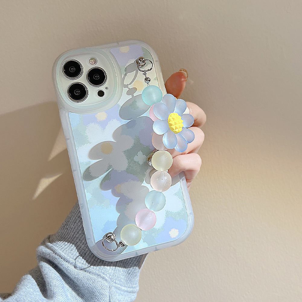 Anti-Scratch Cover For iPhone 13 Pro Max Flower Pattern Decor TPU Phone Case with Bead Chain