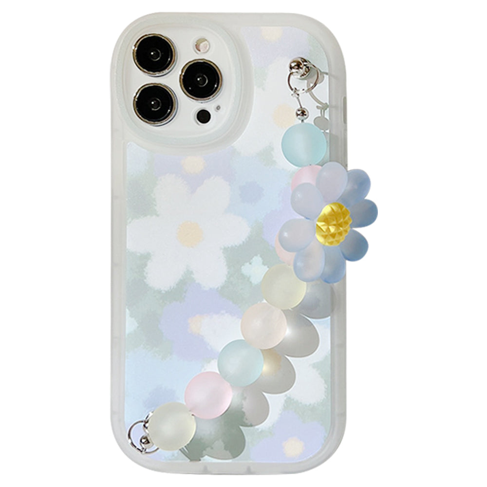 TPU Phone Case for iPhone 14 Pro Flower Pattern Decor Phone Cover Anti-Scratch Shell with Bead Chain