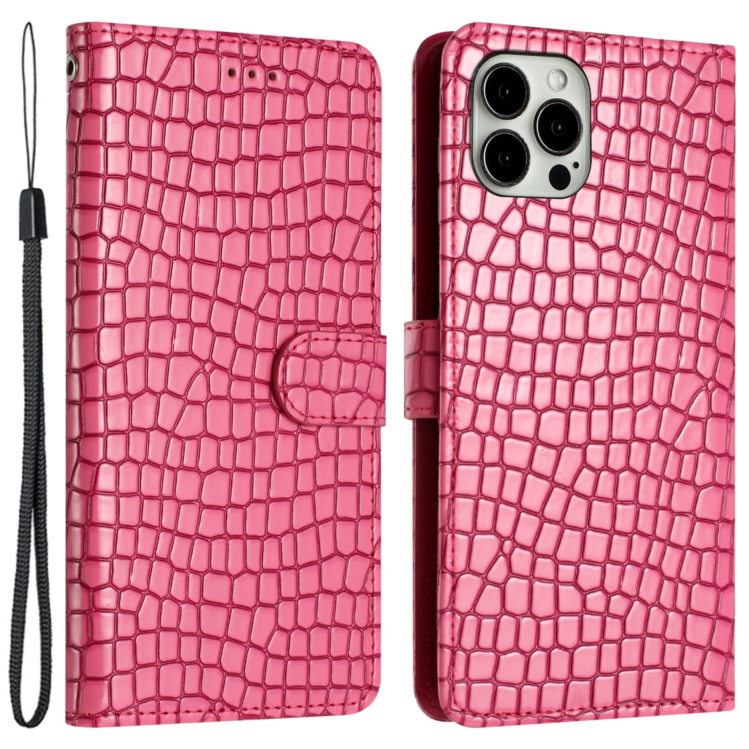 For iPhone 13 Pro 6.1 inch Crocodile Texture Fully Wrapped Leather Cover Stand Phone Wallet Case with Hand Strap