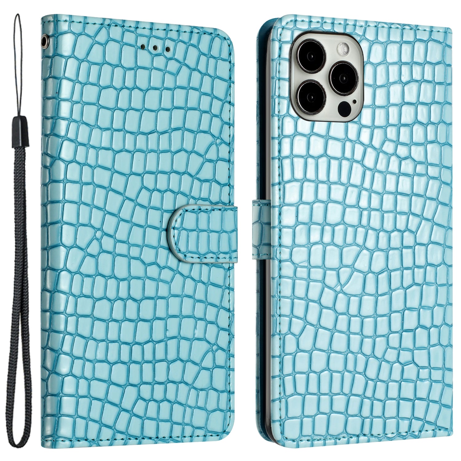 For iPhone 13 Pro 6.1 inch Crocodile Texture Fully Wrapped Leather Cover Stand Phone Wallet Case with Hand Strap