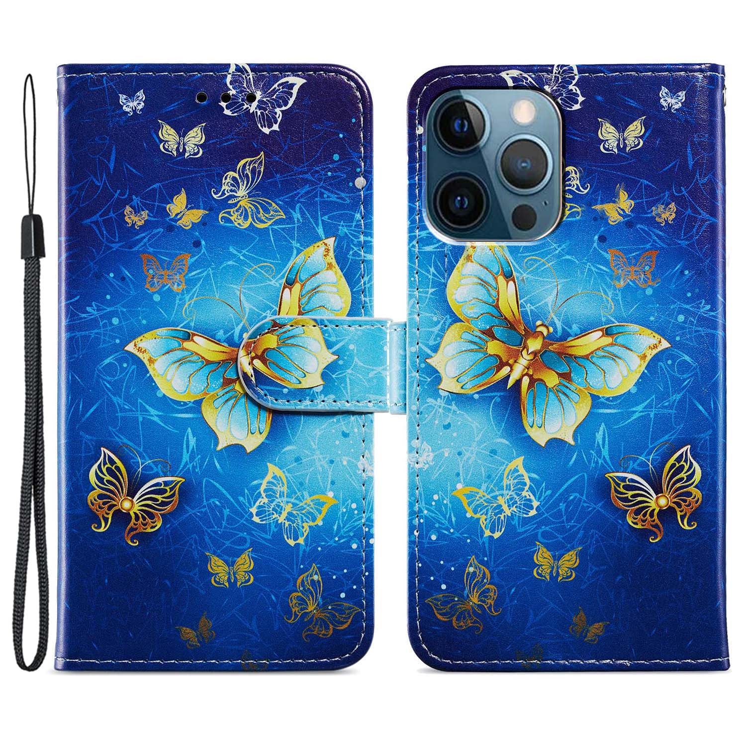 For iPhone 15 Pro Stand Phone Case Pattern Printing PU Leather Wallet Cover with Strap