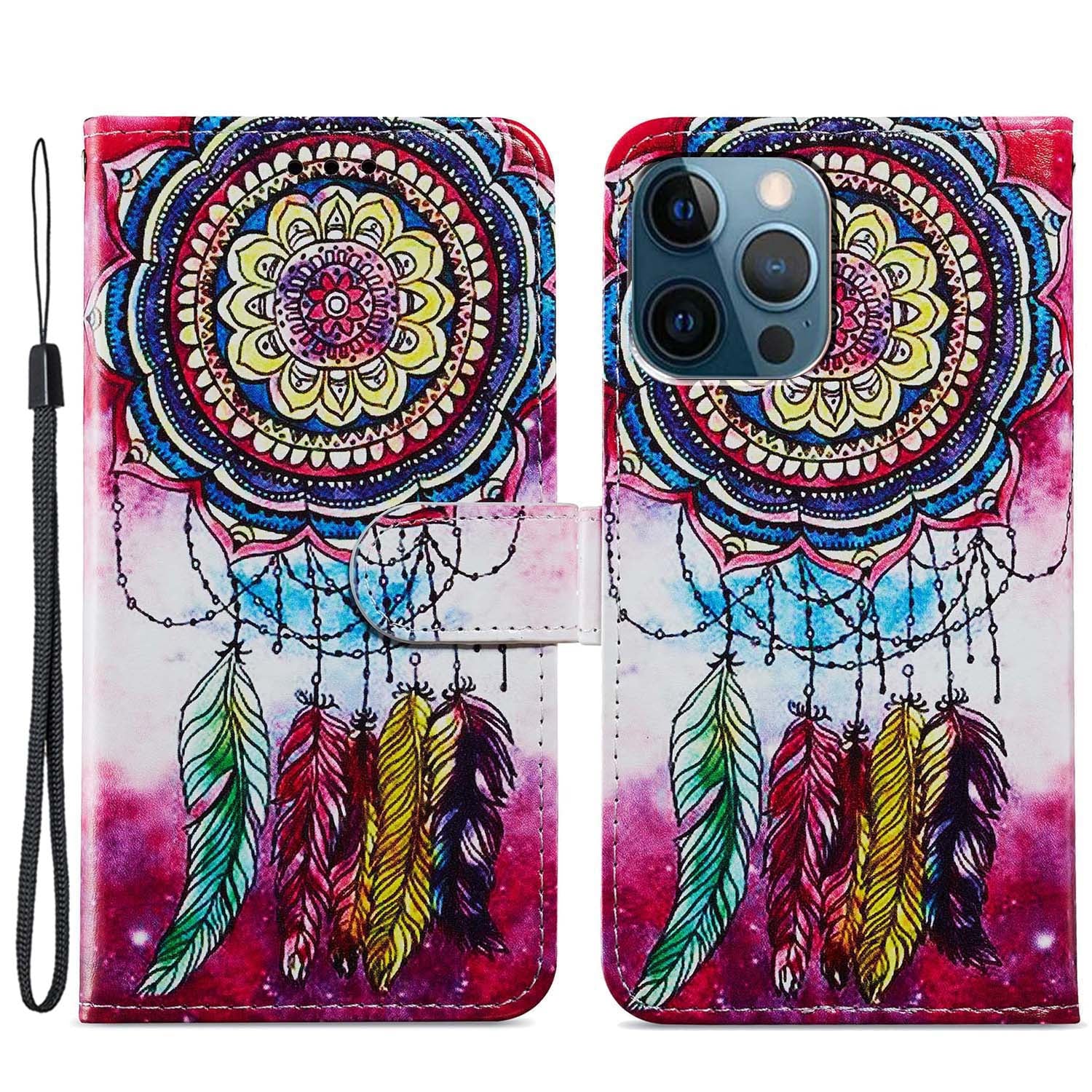 For iPhone 15 Pro Stand Phone Case Pattern Printing PU Leather Wallet Cover with Strap