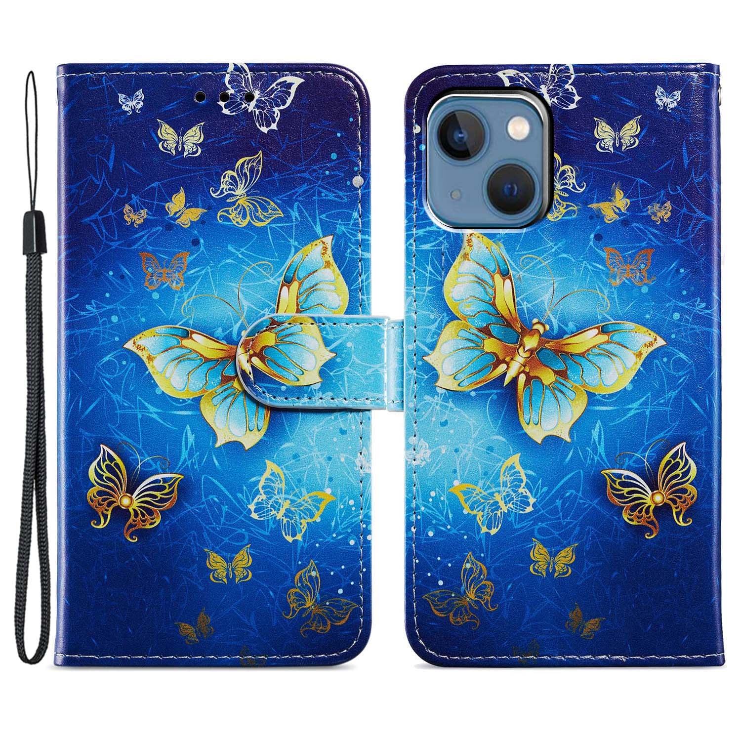 For iPhone 15 Plus Wallet Case PU Leather Pattern Printing Stand Phone Cover with Strap