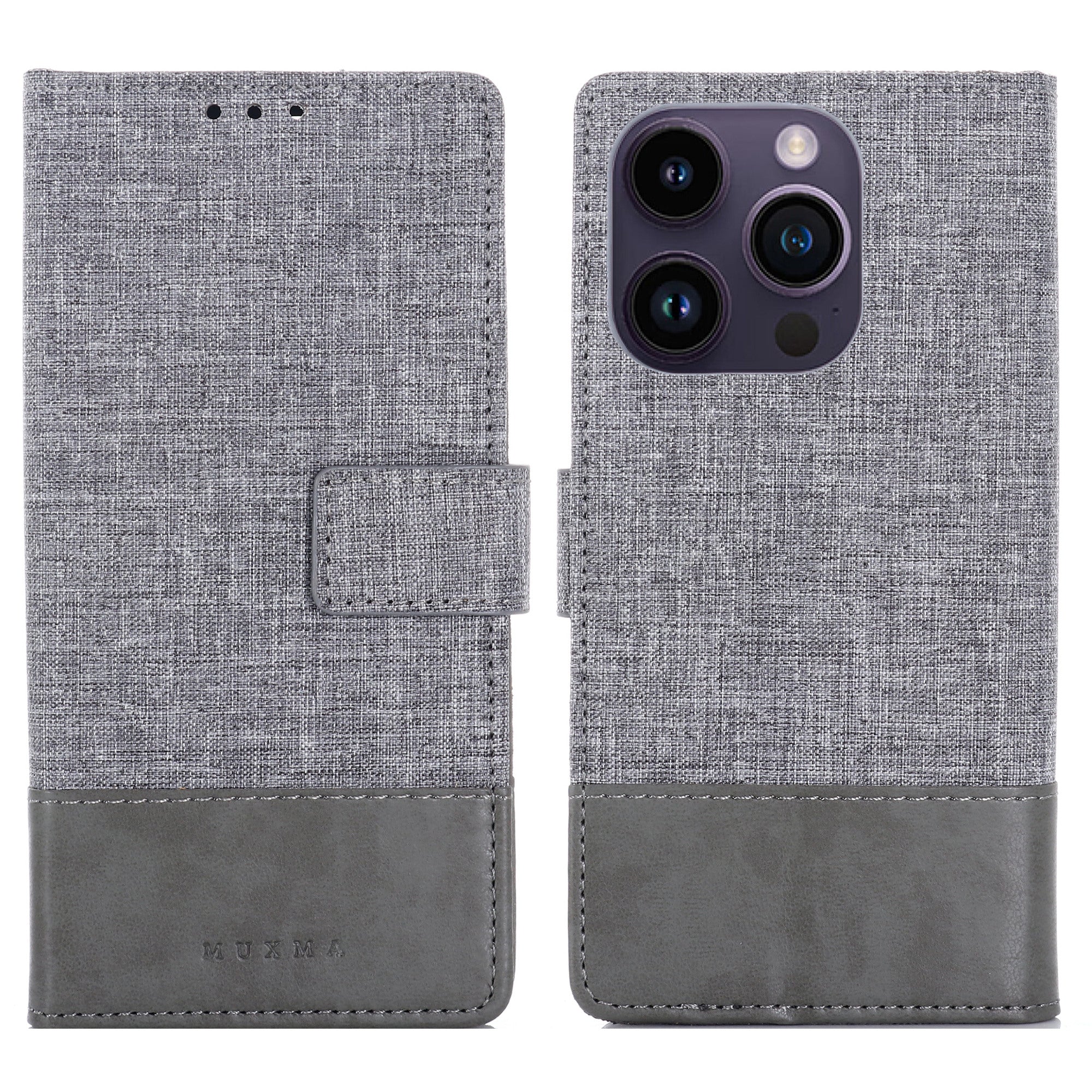 MUXMA MX102 for iPhone 15 Pro Canvas PU Leather Splicing Case Stand Wallet Protective Phone Cover