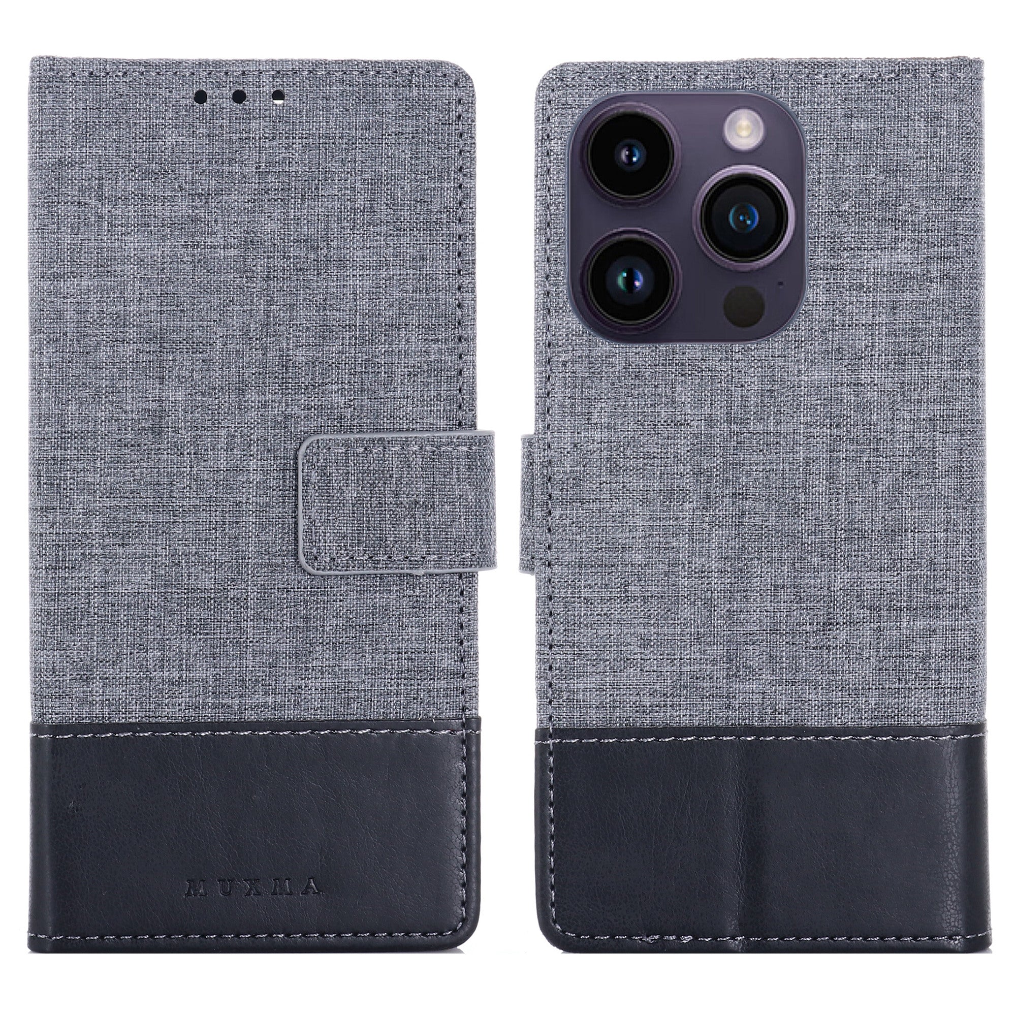 MUXMA MX102 for iPhone 15 Pro Canvas PU Leather Splicing Case Stand Wallet Protective Phone Cover