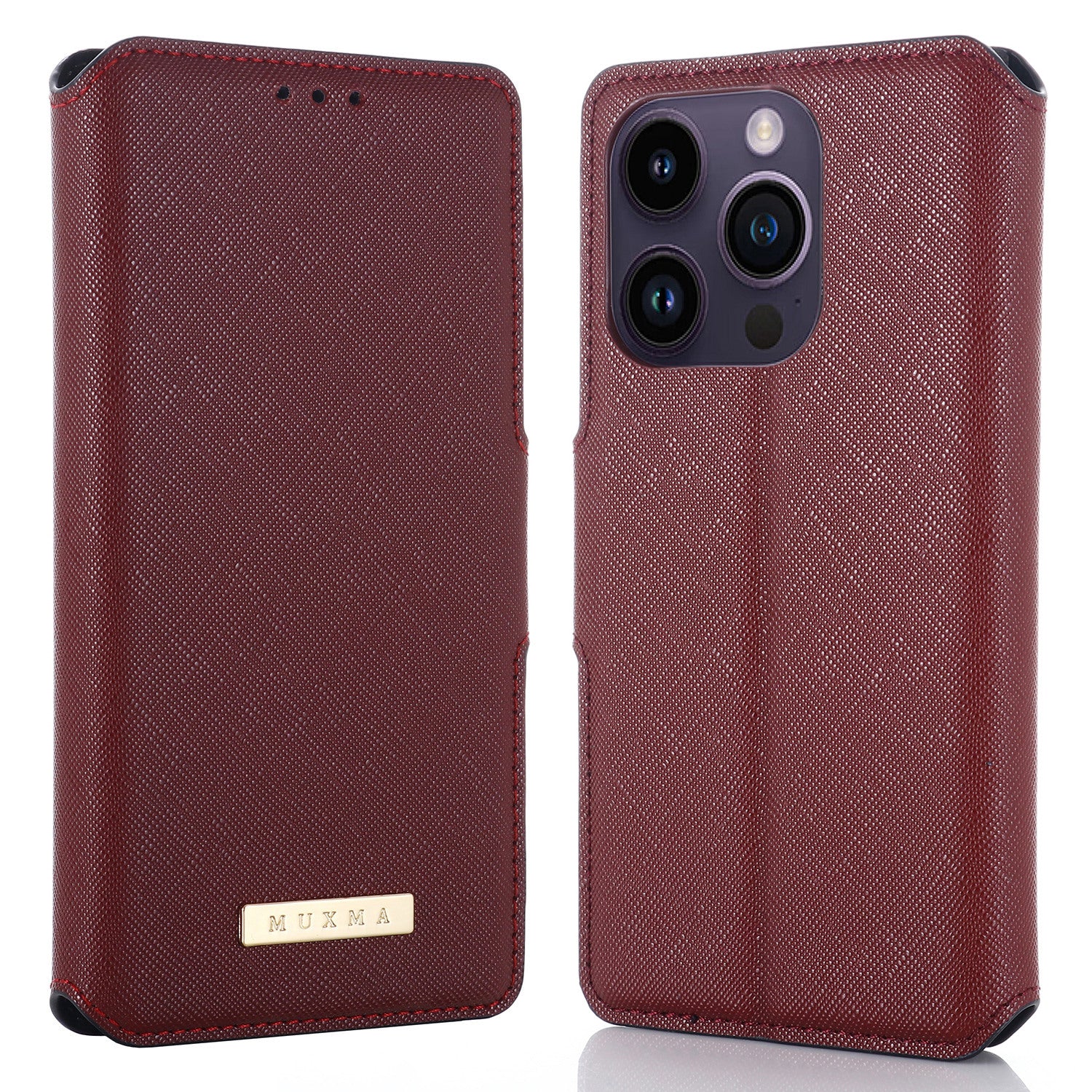 MUXMA MX115 For iPhone 15 Pro Flip Phone Shell Cover PU Leather Stand Wallet Cross Texture Phone Case