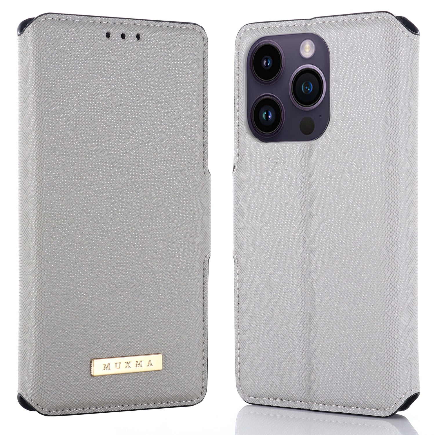 MUXMA MX115 For iPhone 15 Pro Flip Phone Shell Cover PU Leather Stand Wallet Cross Texture Phone Case