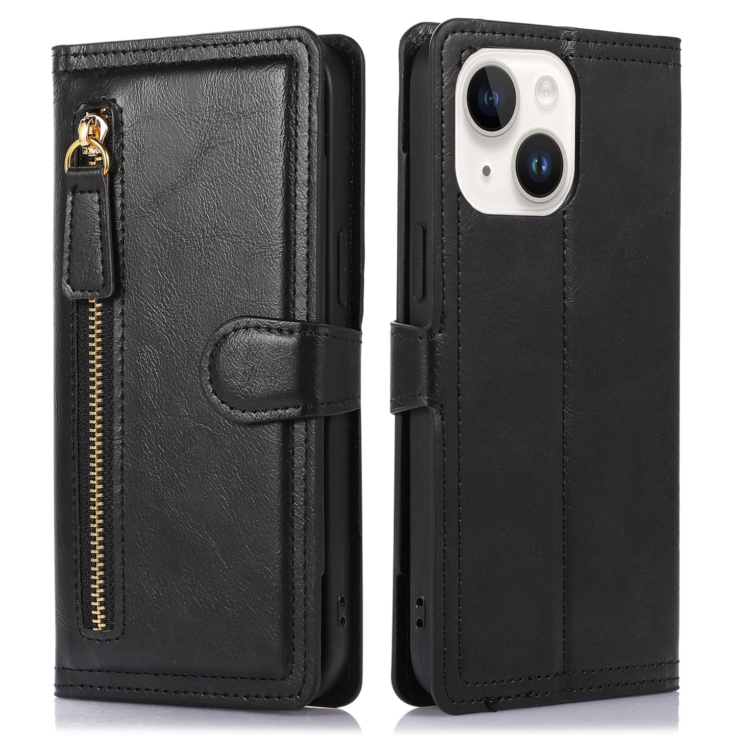 For iPhone 15 Phone Case Wallet Zipper Pocket Shockproof PU Leather Shell Flip Stand Phone Cover