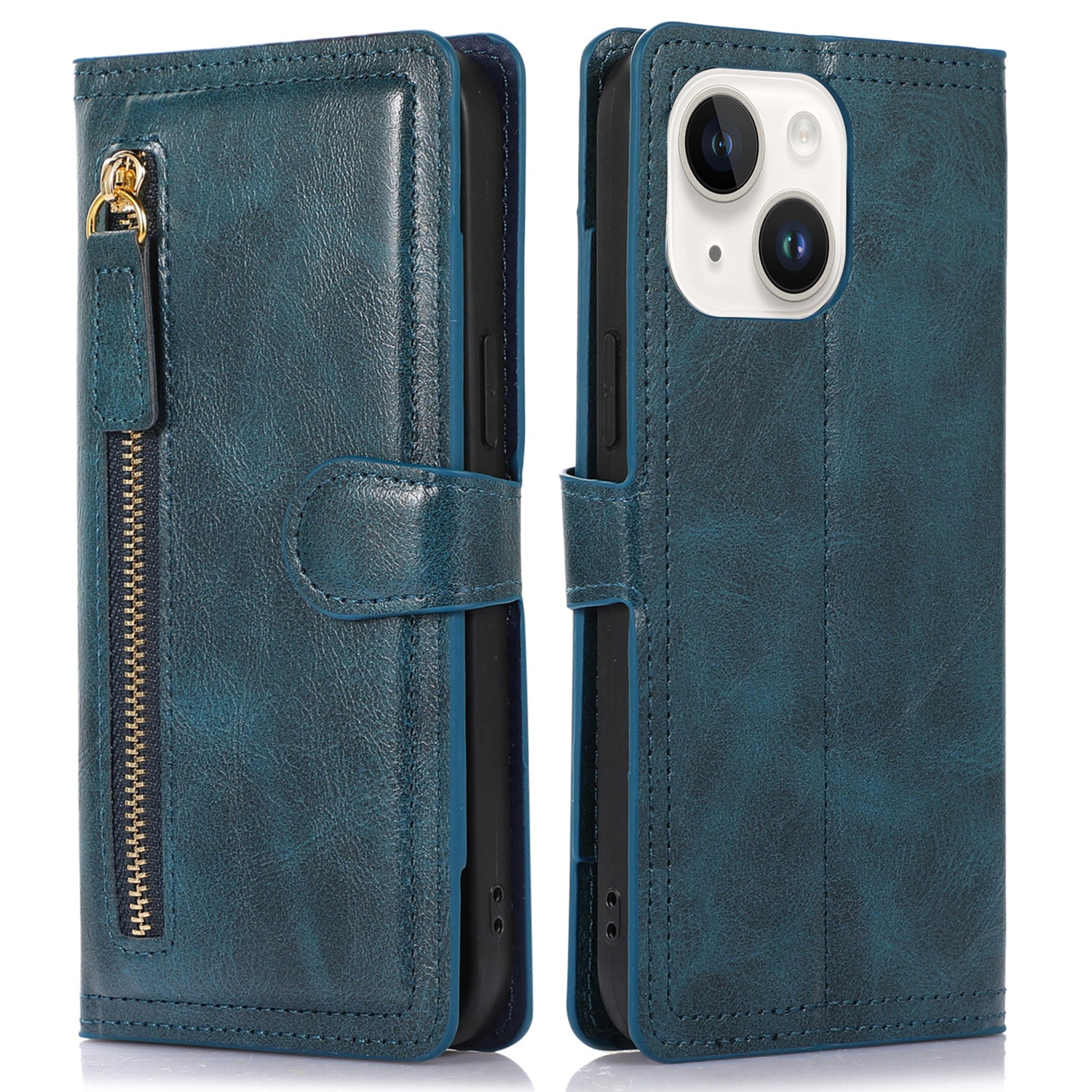 For iPhone 15 Phone Case Wallet Zipper Pocket Shockproof PU Leather Shell Flip Stand Phone Cover