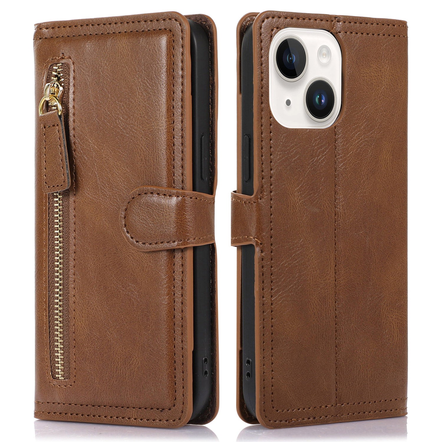 For iPhone 15 Phone Case Wallet Zipper Pocket Shockproof PU Leather Shell Flip Stand Phone Cover