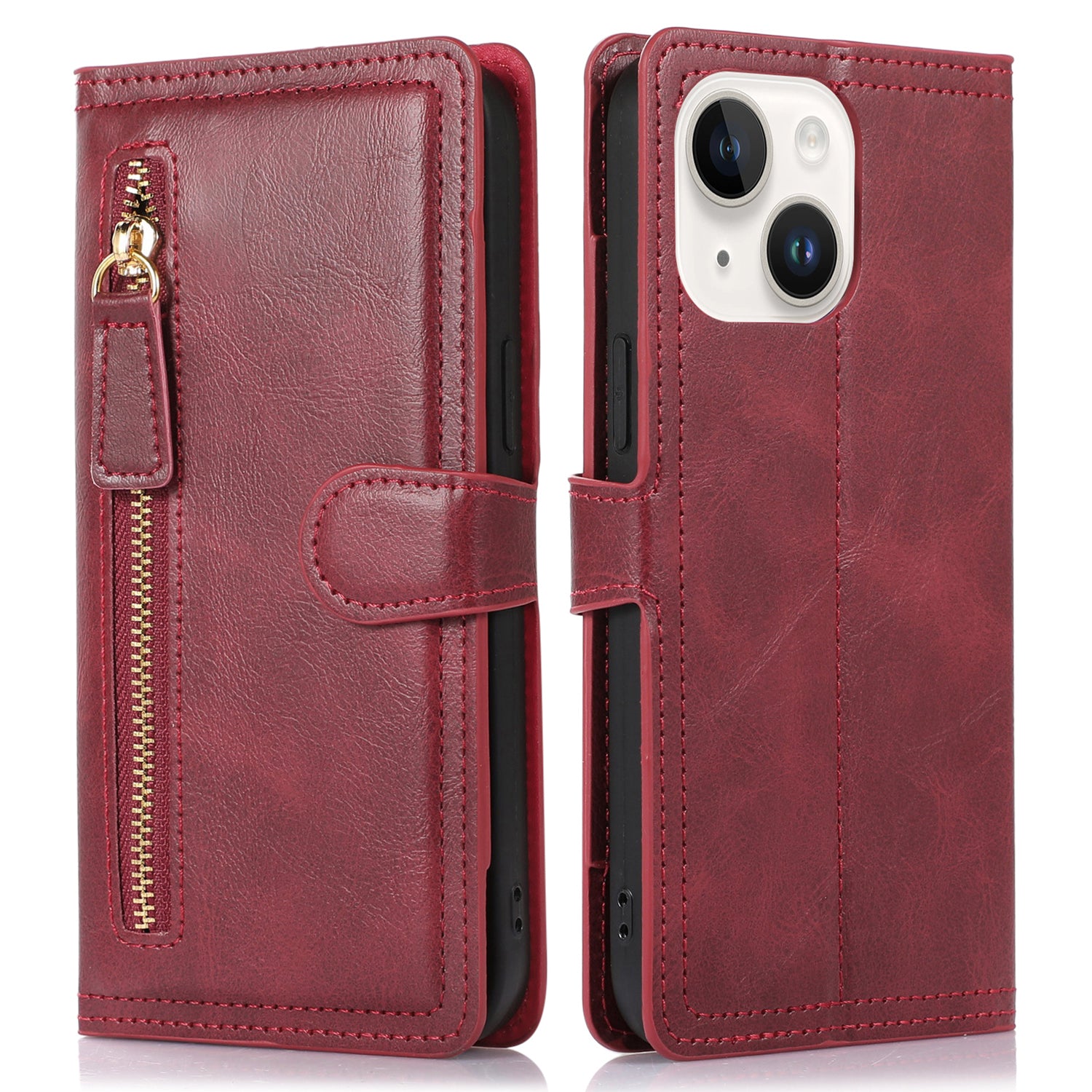 For iPhone 15 Phone Case Wallet Zipper Pocket Shockproof PU Leather Shell Flip Stand Phone Cover