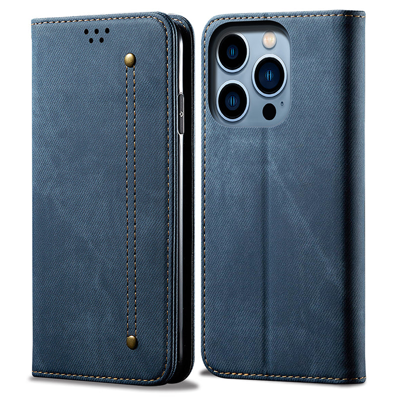 For iPhone 15 Pro PU Leather Phone Case Jeans Cloth Texture Wallet Stand Anti-Scratch Phone Cover