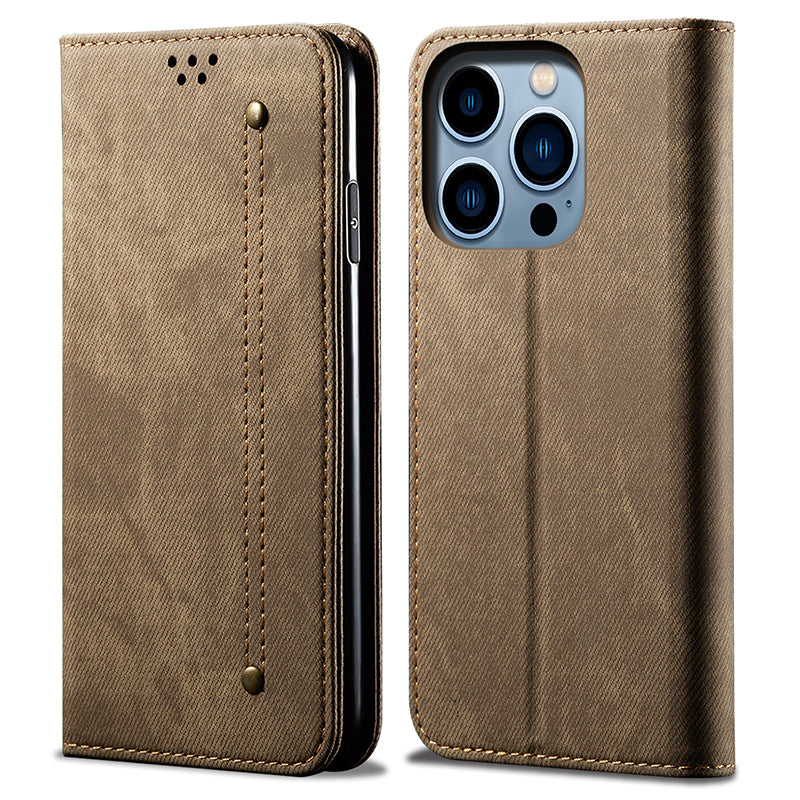 For iPhone 15 Pro PU Leather Phone Case Jeans Cloth Texture Wallet Stand Anti-Scratch Phone Cover