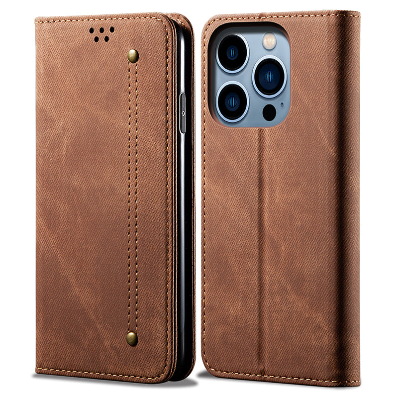 For iPhone 15 Pro PU Leather Phone Case Jeans Cloth Texture Wallet Stand Anti-Scratch Phone Cover