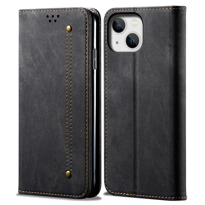 Phone Case for iPhone 15 Wallet Stand Cell Phone Cover PU Leather Jeans Cloth Texture Shell